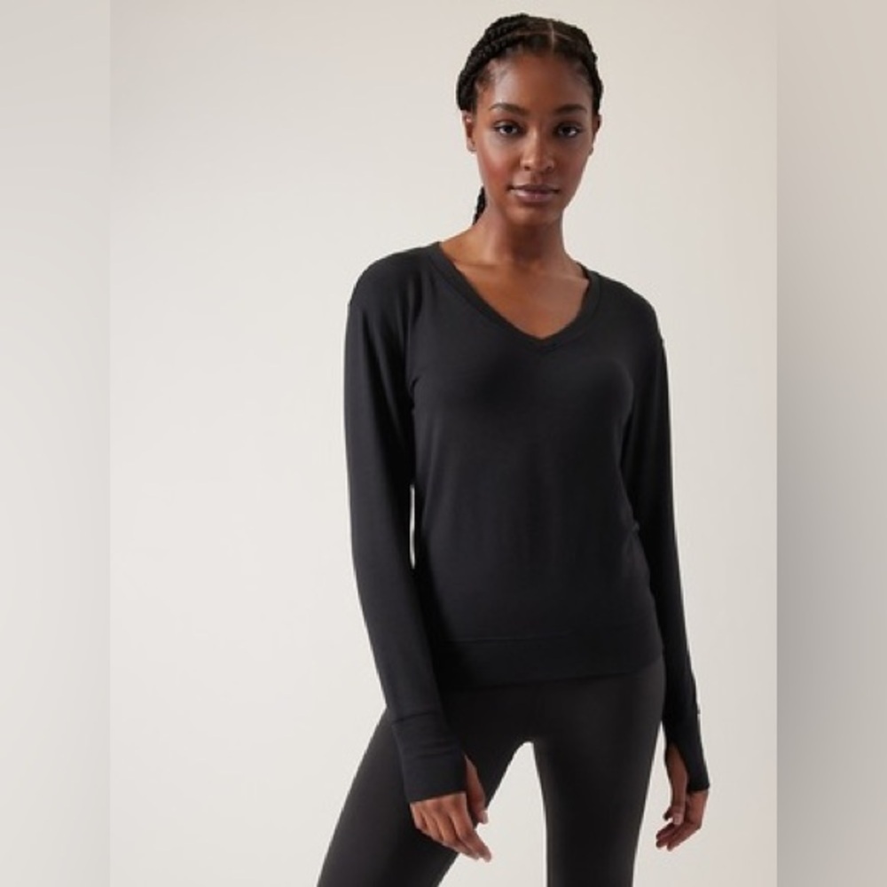 Athleta Sunrise Vneck Sweatshirt Modal Blend in Black Size Small